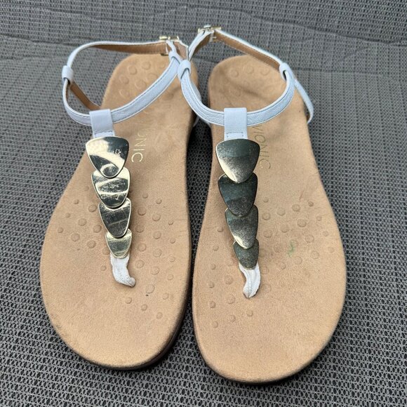 Vionic Womens Size 9 White Miami T-Strap Sandals With Gold Accents - Picture 1 of 9
